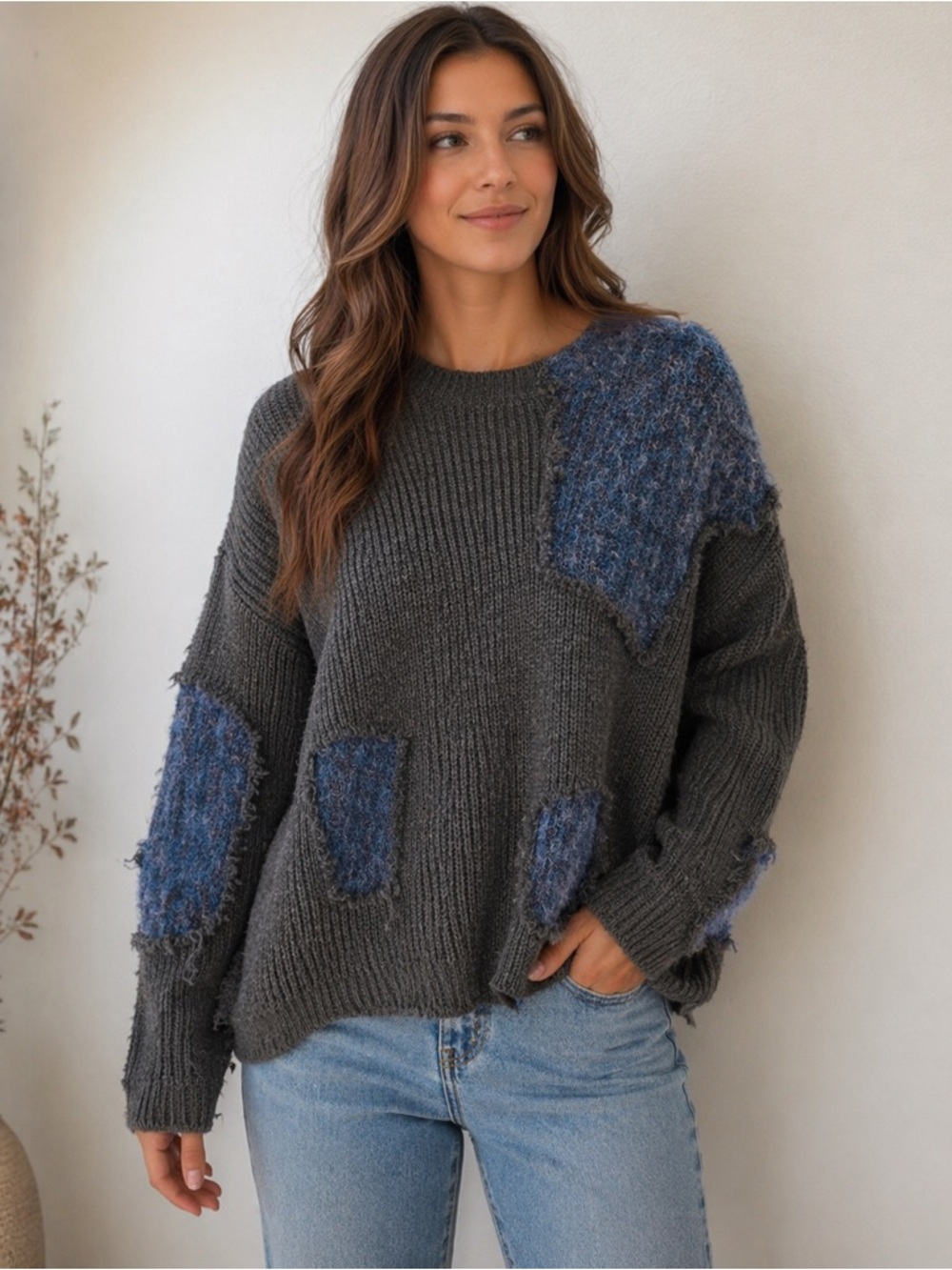 Zara Oversized Patchwork Knit Sweater Grey Blue Smal